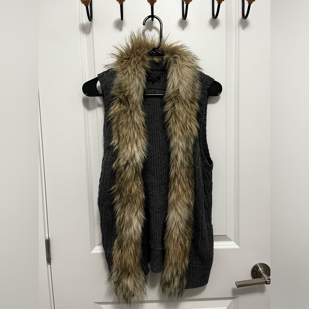 Gray Knit Vest with Faux Fur Trim